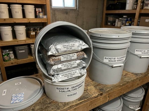 Five gallon food-grade buckets with sealed mylar bags for budget long-term food storage
