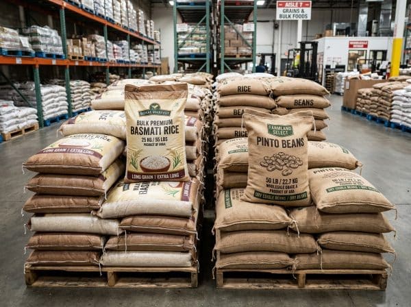 50-pound sacks of rice and dried beans for budget long-term food storage setup