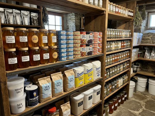 Honey, maple syrup, canned corned beef, and seasonings for supplementing budget long-term food storage
